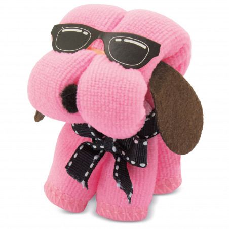 Toalha cachorrinho rosa em bolsa de primeira comunhão com etiqueta pendurada personalizável para presentear