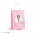 Toalha cachorrinho rosa em bolsa de primeira comunhão com etiqueta pendurada personalizável para presentear