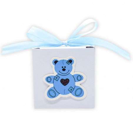 Pulseira com medalha de anjo em caixa com urso azul em relevo personalizada para detalhes de batizado de menino
