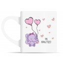 Caneca com motivo de elefante rosa e etiqueta personalizada para batizado de bebê