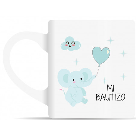 Caneca de cerâmica com motivo de elefante azul e etiqueta personalizada para batizado de bebê