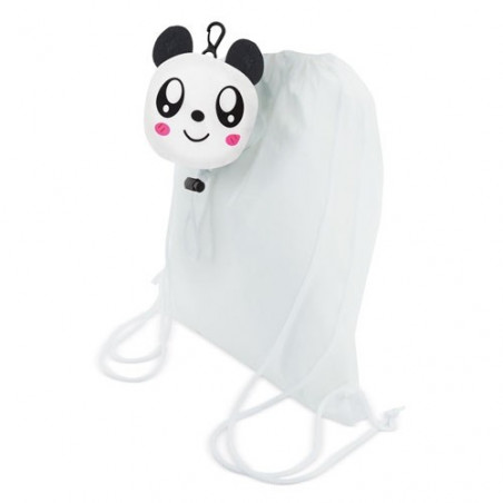 Mochila infantil dobrável com urso panda e caneta com pompom a condizer