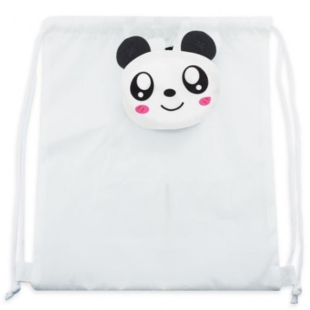 Mochila infantil dobrável com urso panda e caneta com pompom a condizer