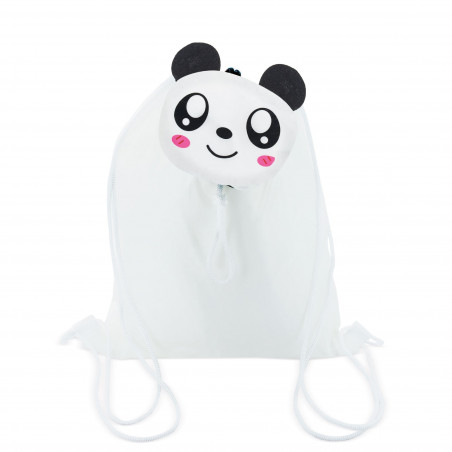 Mochila infantil dobrável com urso panda e caneta com pompom a condizer