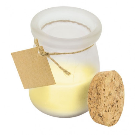 Vela aromática de coco com etiqueta personalizada de pomba para detalhes de convidados