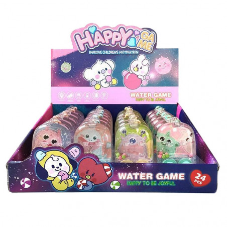 Jogo de habilidade com água, design de monstros e mosquetão em bolsa rosa e adesivo de aniversário personalizado