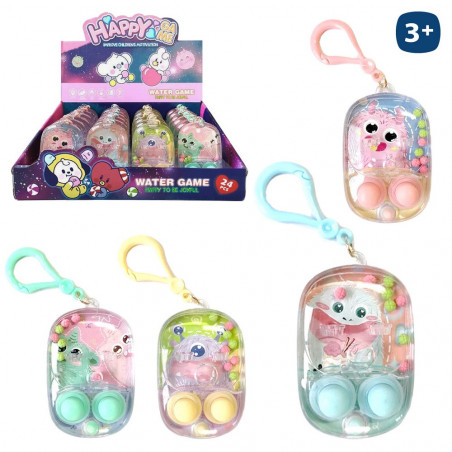 Jogo de habilidade com água, design de monstros e mosquetão em bolsa rosa e adesivo de aniversário personalizado