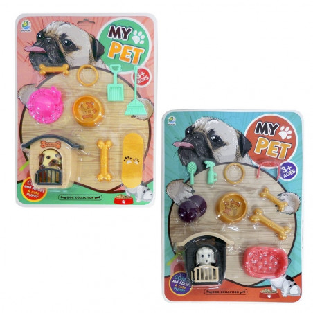 Conjunto de cachorro de brinquedo com acessórios, casinha e mochila saco