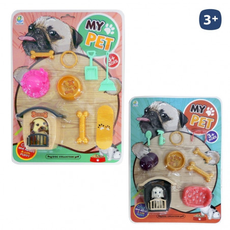 Conjunto de cachorro de brinquedo com acessórios, casinha e mochila saco