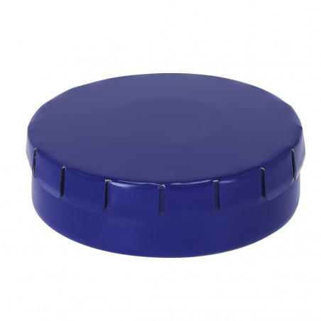 Balas de menta sem açúcar em lata azul personalizada com adesivo de casamento