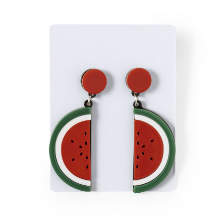 Brincos com design de melancias em sacola com adesivo personalizado para detalhes das convidadas