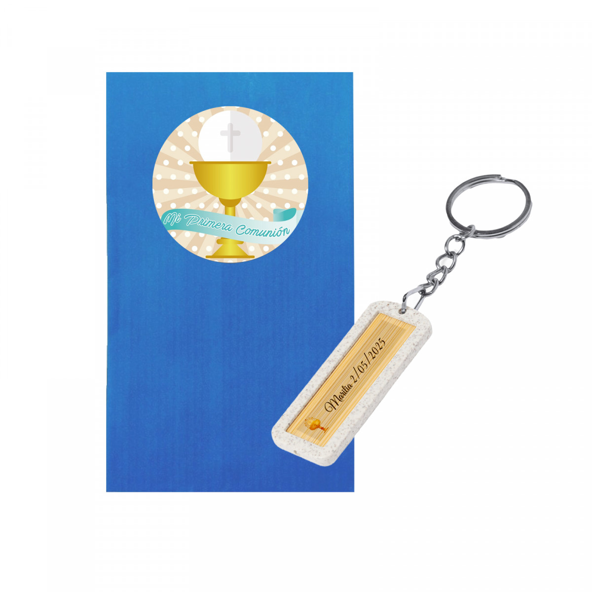 Chaveiro de bambu e cana de trigo personalizado com adesivo de comunhão com envelope azul