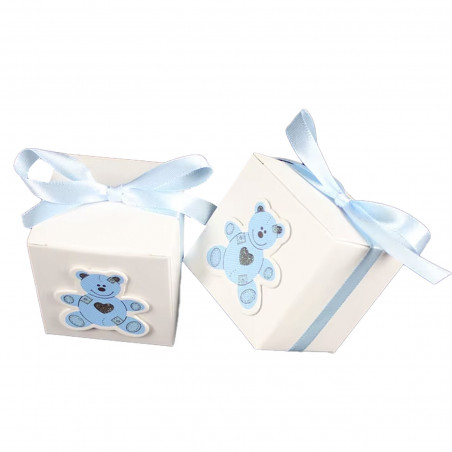 Bálsamo labial azul em caixa com urso em relevo personalizado para detalhes de batizado