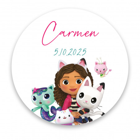 Adesivo redondo personalizável de 3cm com design inspirado na Gabby e seus gatos