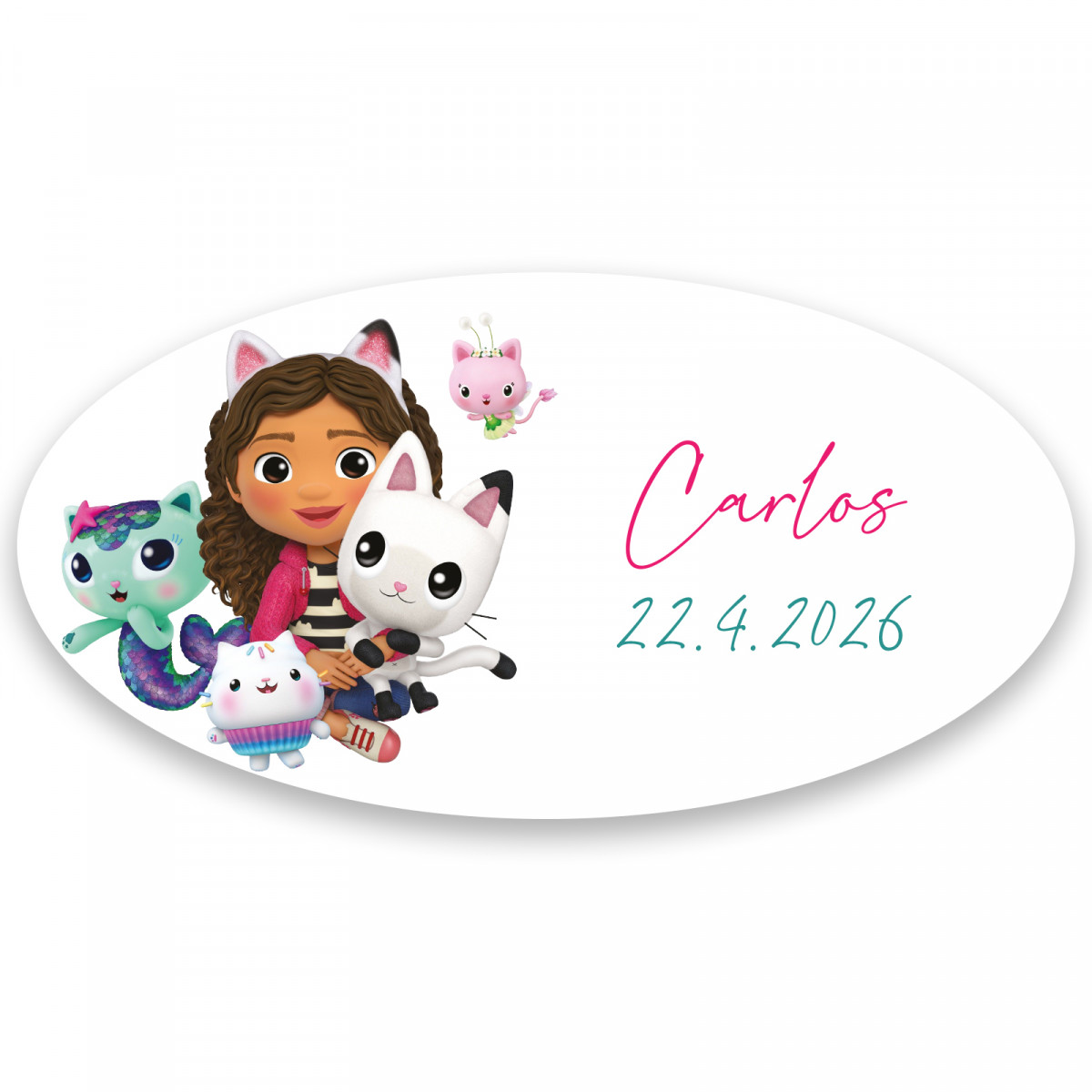 Adesivo gabby gato ovalado fundo branco personalizável 4x2cm