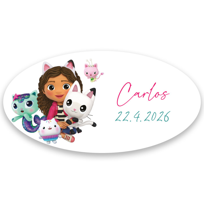 Adesivo gabby gato ovalado fundo branco personalizável 4x2cm