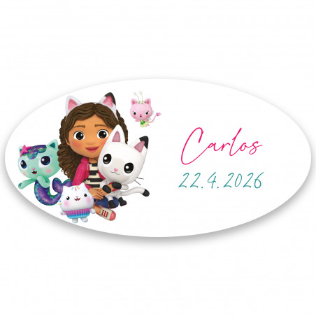 Adesivo Gabby gato ovalado fundo branco personalizável 4x2cm