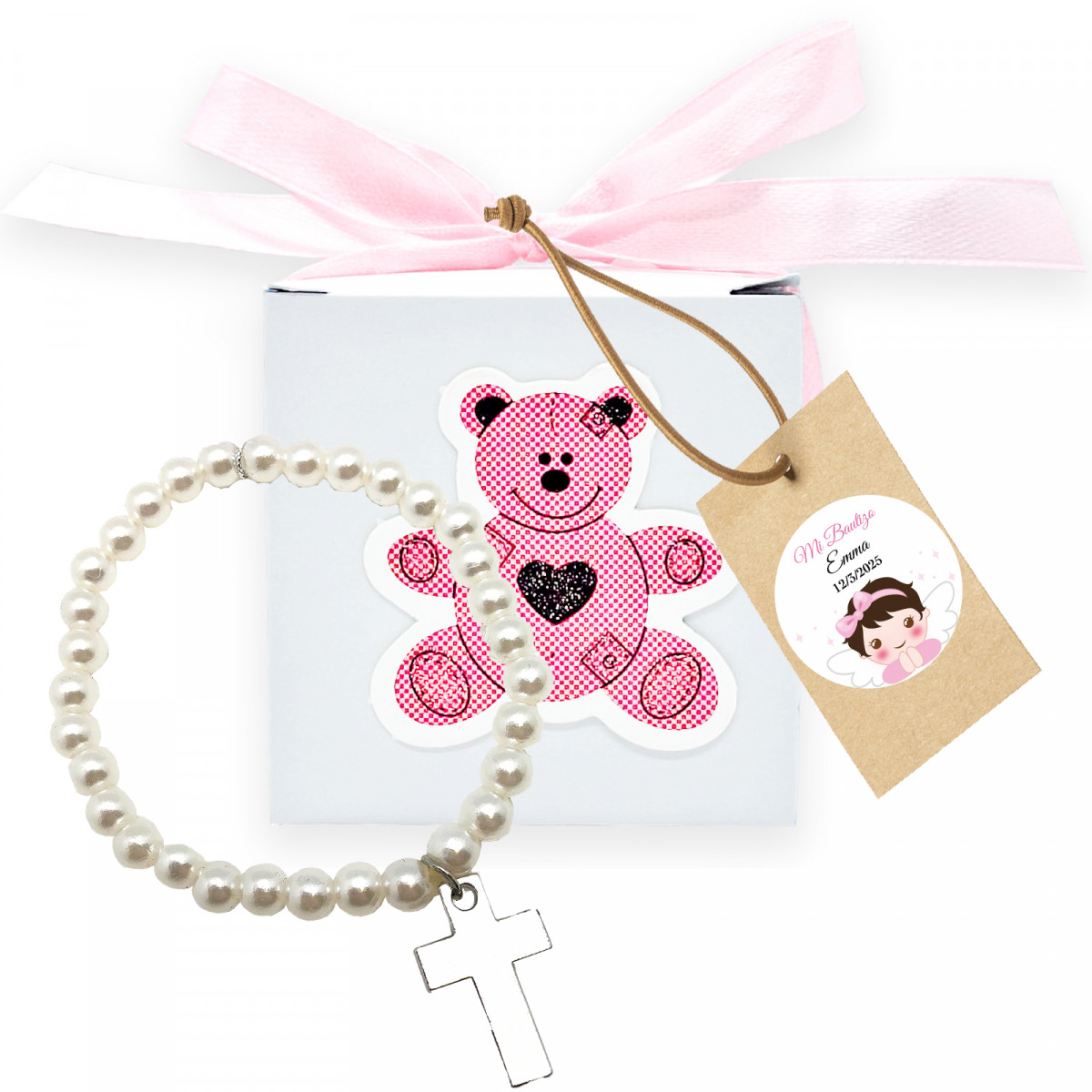 Pulseira de pérolas com cruz em caixa de urso rosa com etiqueta personalizada para detalhes de batizado menina