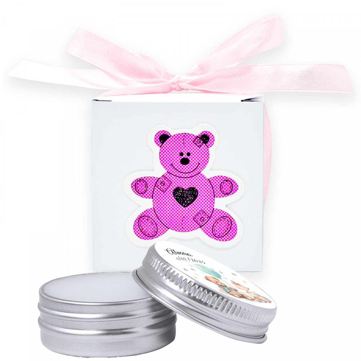 Bálsamo Labial Vegano em Caixa com Design de Urso e Adesivo Personalizado