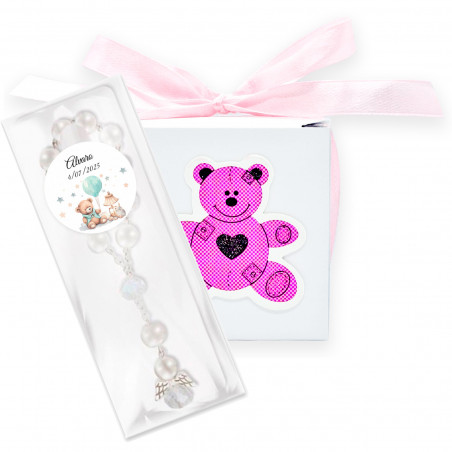 Rosário anjo da guarda em caixa com urso rosa e adesivo personalizável