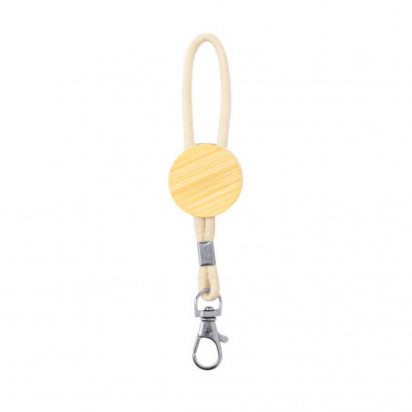 Chaveiro de bambu com cordão de algodão e adesivo para casamentos são os seguintes