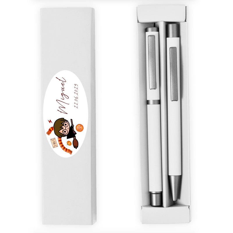 Conjunto de caneta e lápis em estojo branco com adesivo personalizado de harry potter