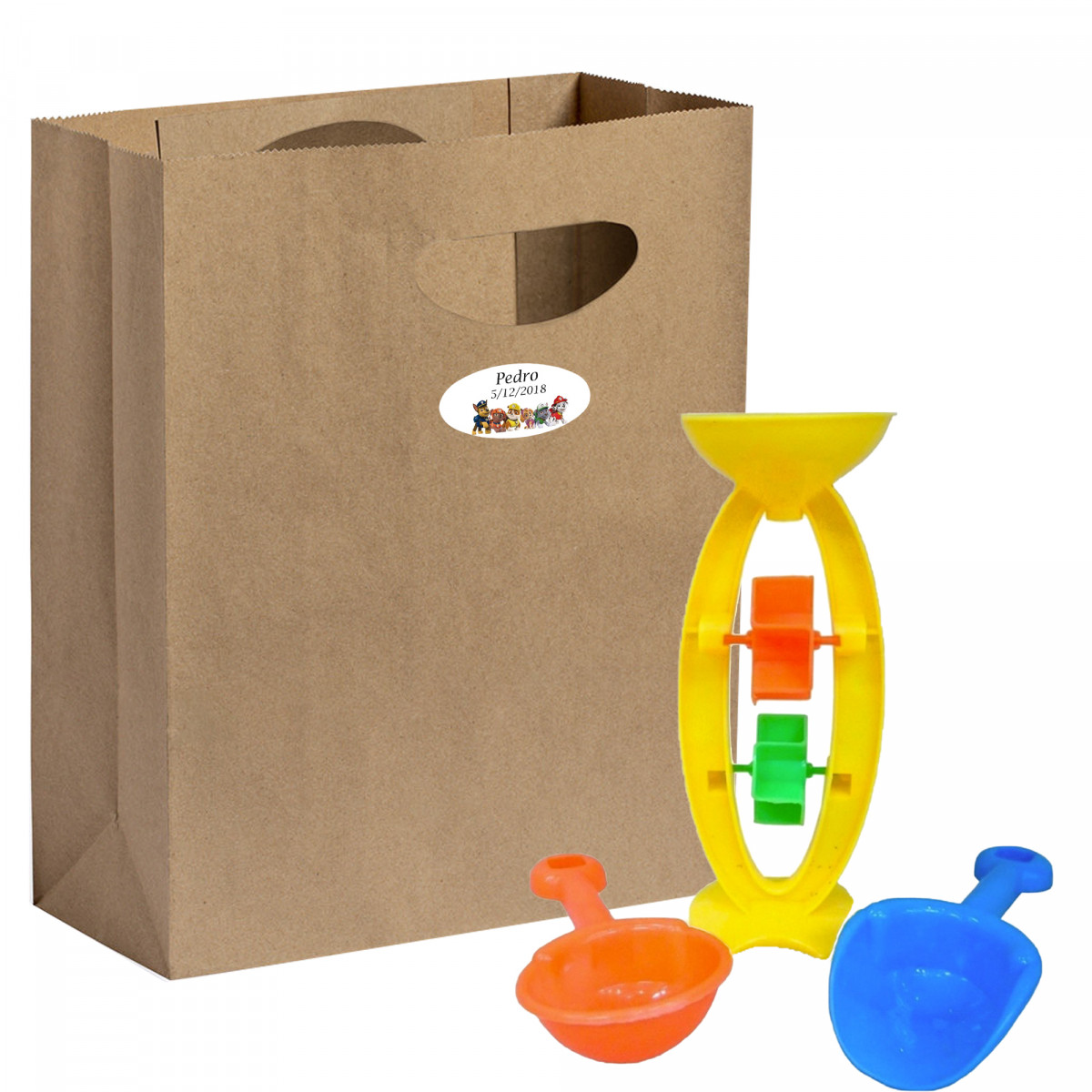 Conjunto de brinquedos de praia com bolsa kraft personalizada ideal para eventos