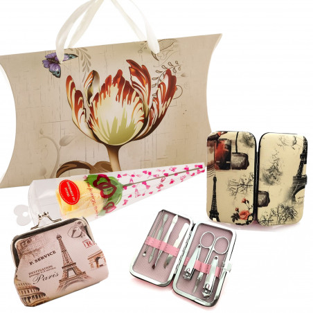 Conjunto de Manicure com Bolsa e Toalha em Forma de Flor apresentado em caixa com alça