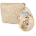 Bolsa rústica e espelho redondo de madeira com adesivo imagem personalizado