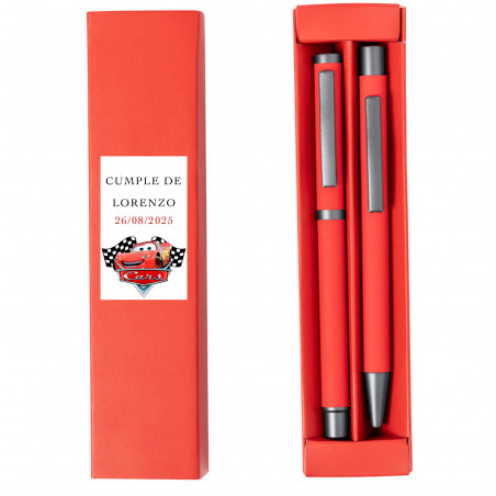 Caneta e roller em estojo vermelho com adesivo personalizável de cars