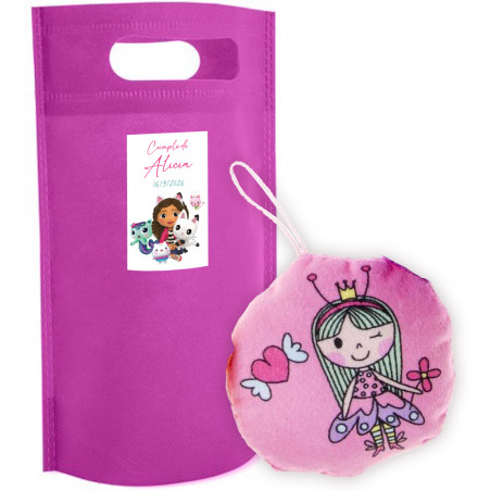 Cojin redondo infantil de princesas em sortido em bolsa decorativa rosa e adesivo para personalizar de gaby e seus amigos