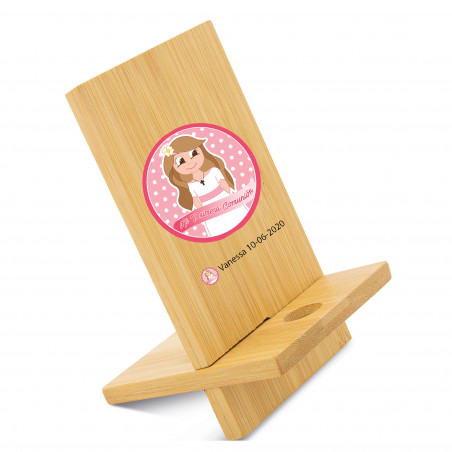 Suporte de celular de bambu personalizado para lembrança de primeira comunhão