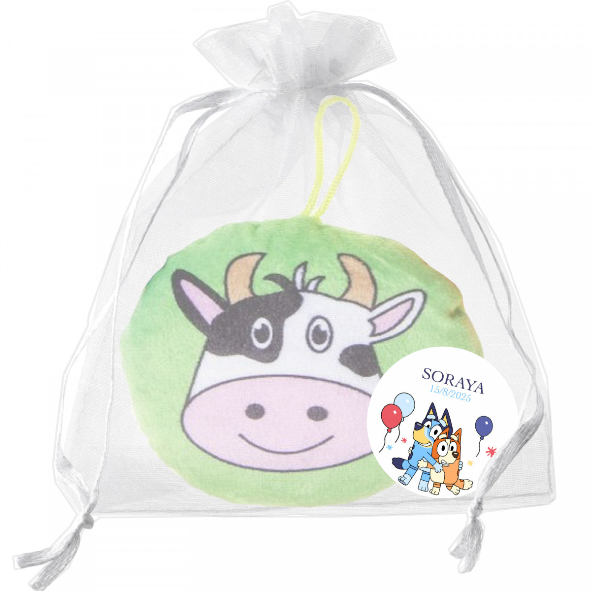 Cojin pelúcia animais de fazenda em bolsa de organza detalhe personalizado para eventos infantis