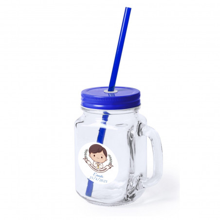 Jarros de cristal personalizados com tampa azul e canudo para comunhão