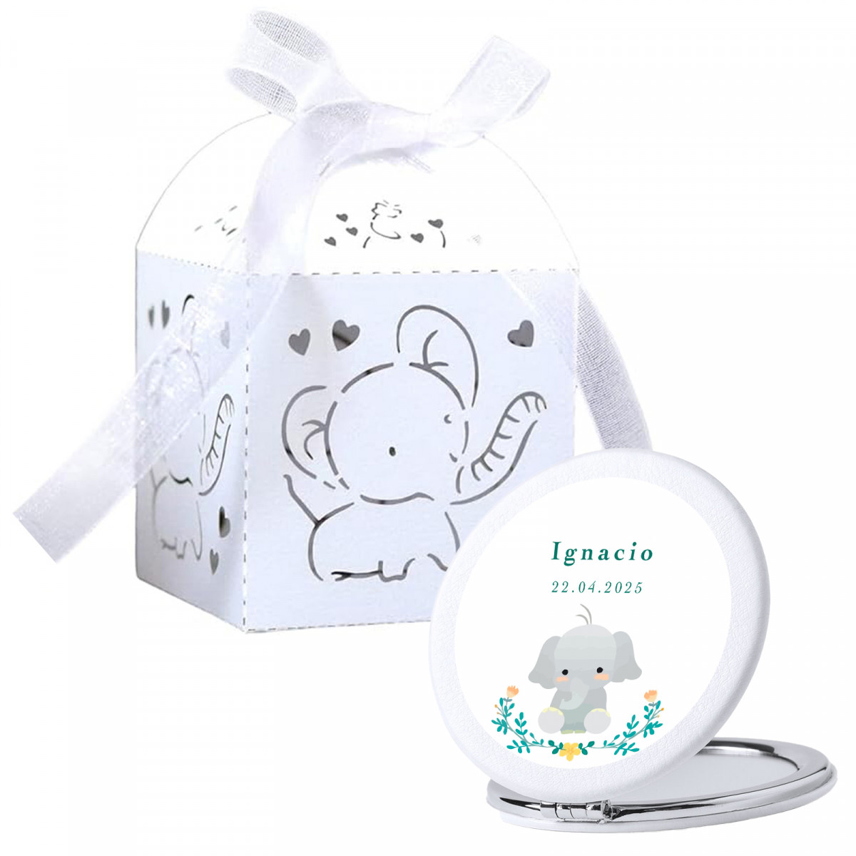 Espelho personalizado com caixinha de elefante ideal para lembranças de batizado chá de bebê ou nascimento