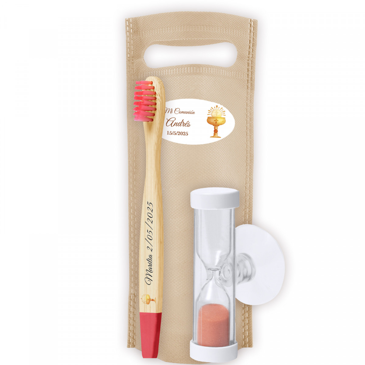 Conjunto de escova de dentes de bambu com ampulheta e bolsa personalizada detalhe para comunhão