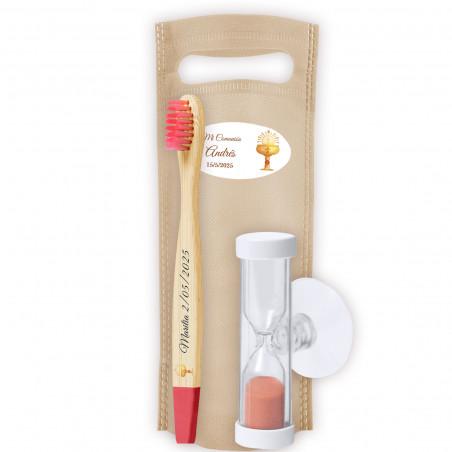 Conjunto de Escova de Dentes de Bambu com Ampulheta e Bolsa Personalizada Detalhe para Comunhão