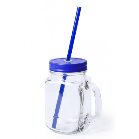 Jarros de cristal personalizados com tampa azul e canudo para comunhão