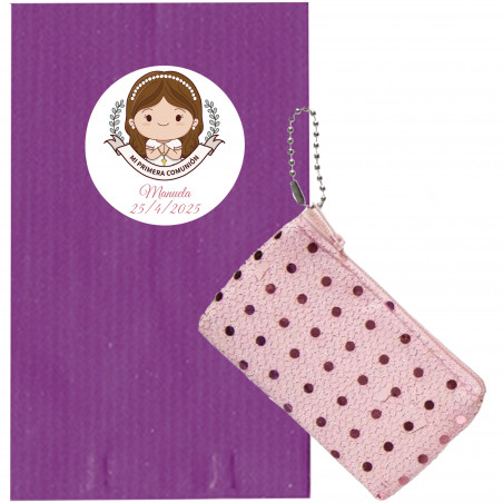 Carteira com purpurina com envelope de kraft e adesivo de comunhão de menina