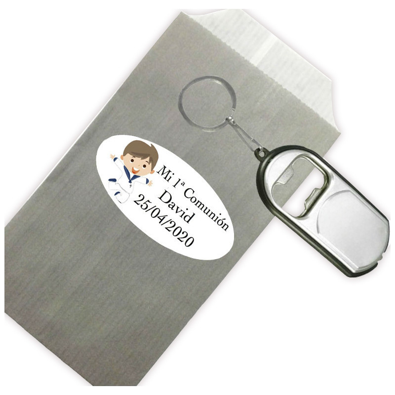 Chaveiro abridor para detalhes de comunhão menino personalizado com envelope e adesivo