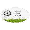 Chaveiro em forma de bola de futebol apresentado em envelope verde e adesivo com texto