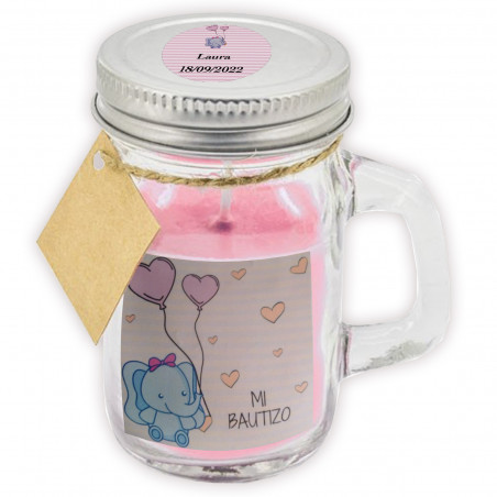 Vela aromática rosa com tampa personalizada para batizado