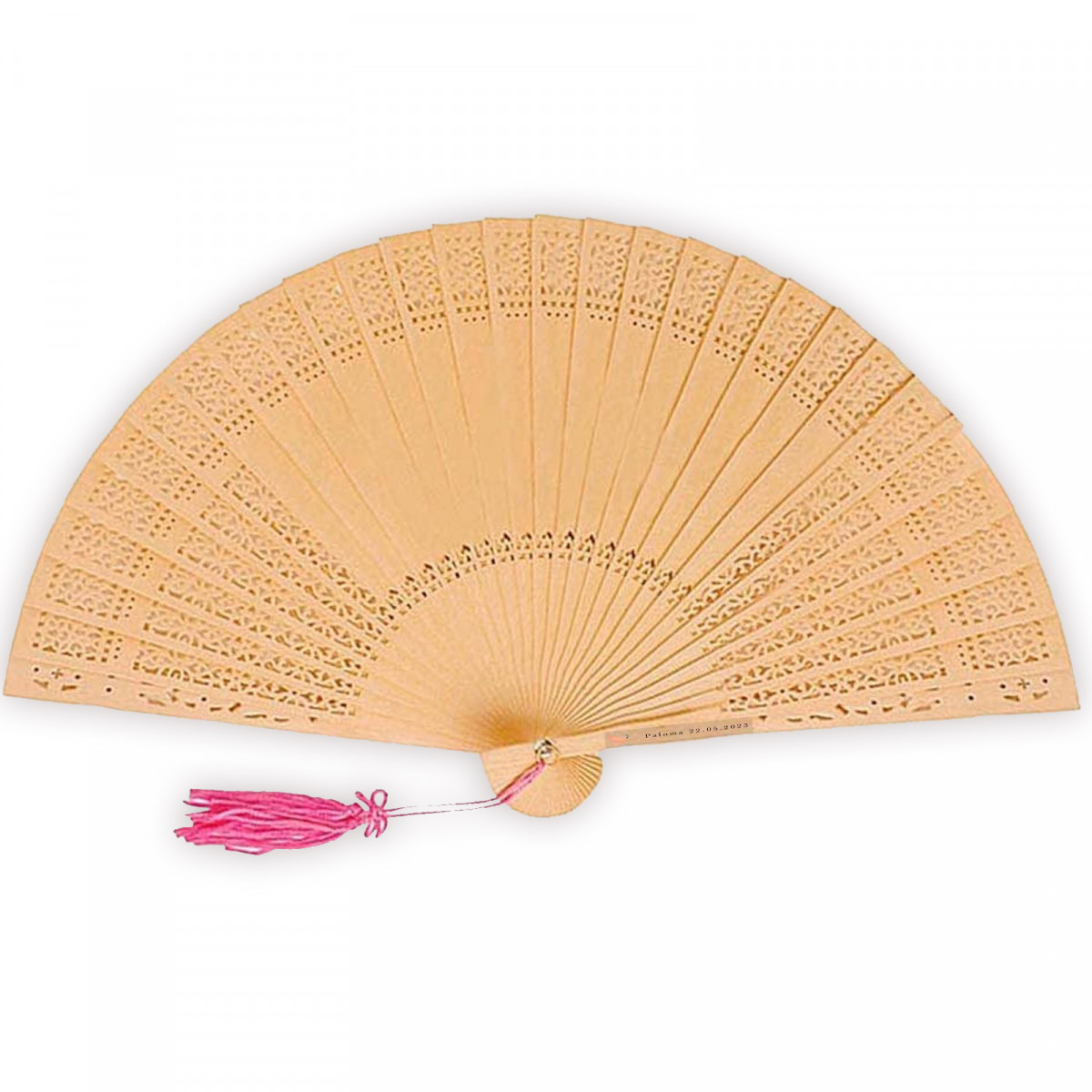 Leque de madeira com pompom rosa personalizado para convidados