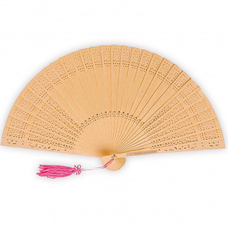 Leque de madeira com pompom rosa personalizado para convidados