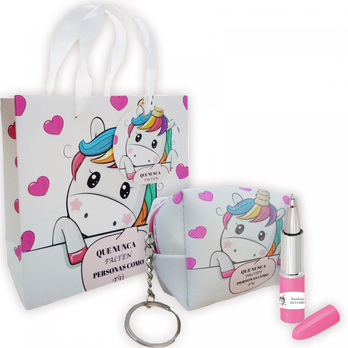 Chaveiro com porta-moedas e caneta batom com adesivo personalizado apresentado em bolsa de presente