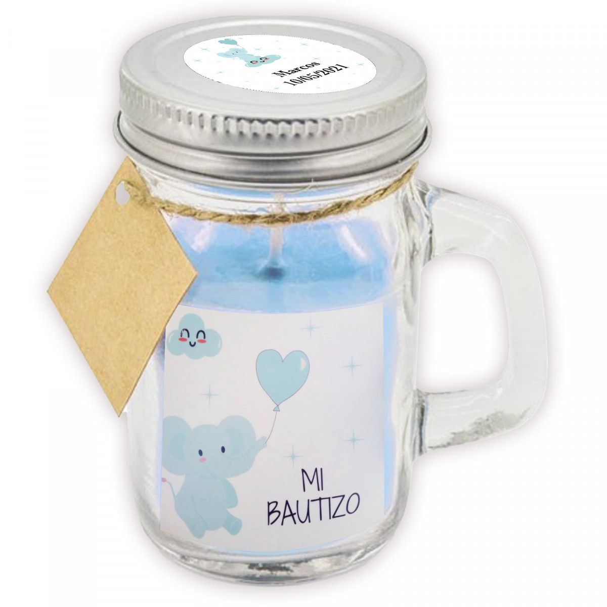 Vela aromática celeste com tampa personalizada para batizado