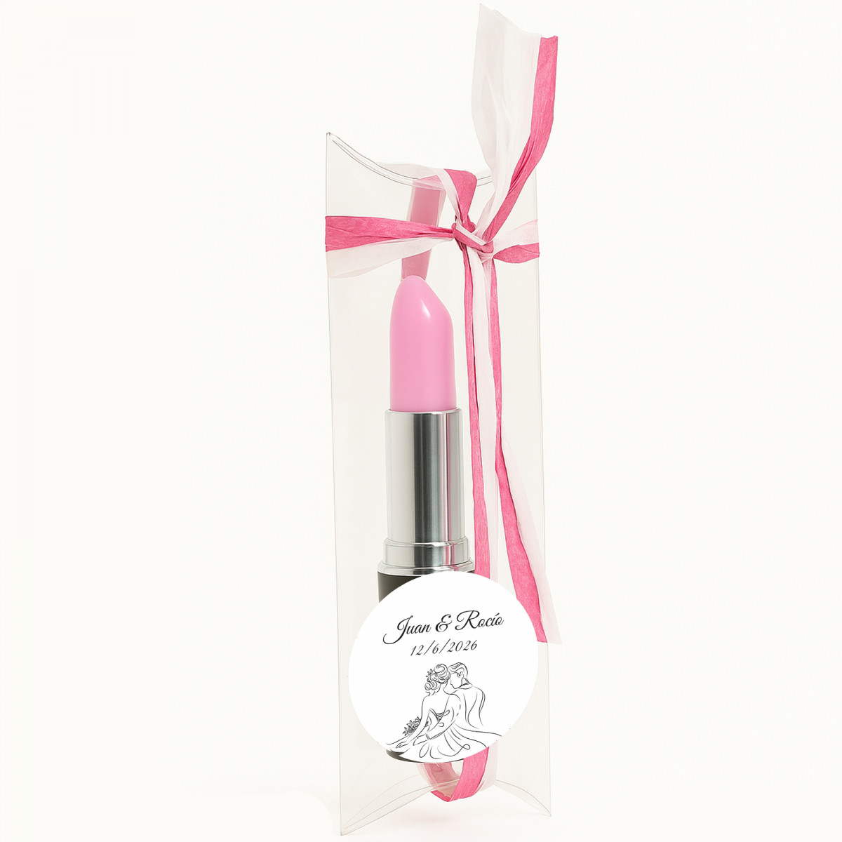 Caneta batom personalizada para casamento em caixa de acetato decorada com rafia