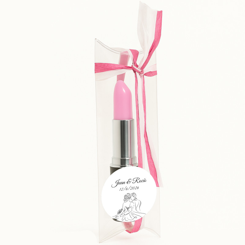 Caneta batom personalizada para casamento em caixa de acetato decorada com rafia
