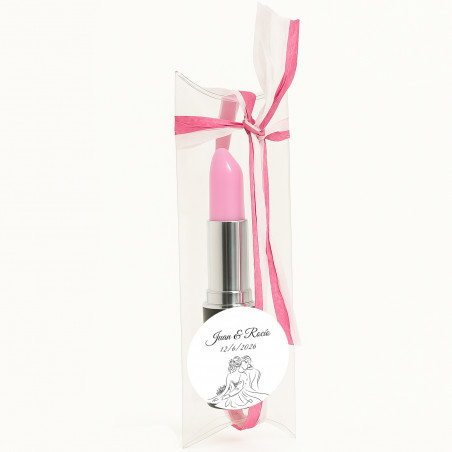 Caneta batom personalizada para casamento em caixa de acetato decorada com rafia