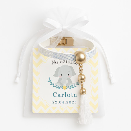 Pulseira branca com pompom e cartão de apresentação personalizado para batizados